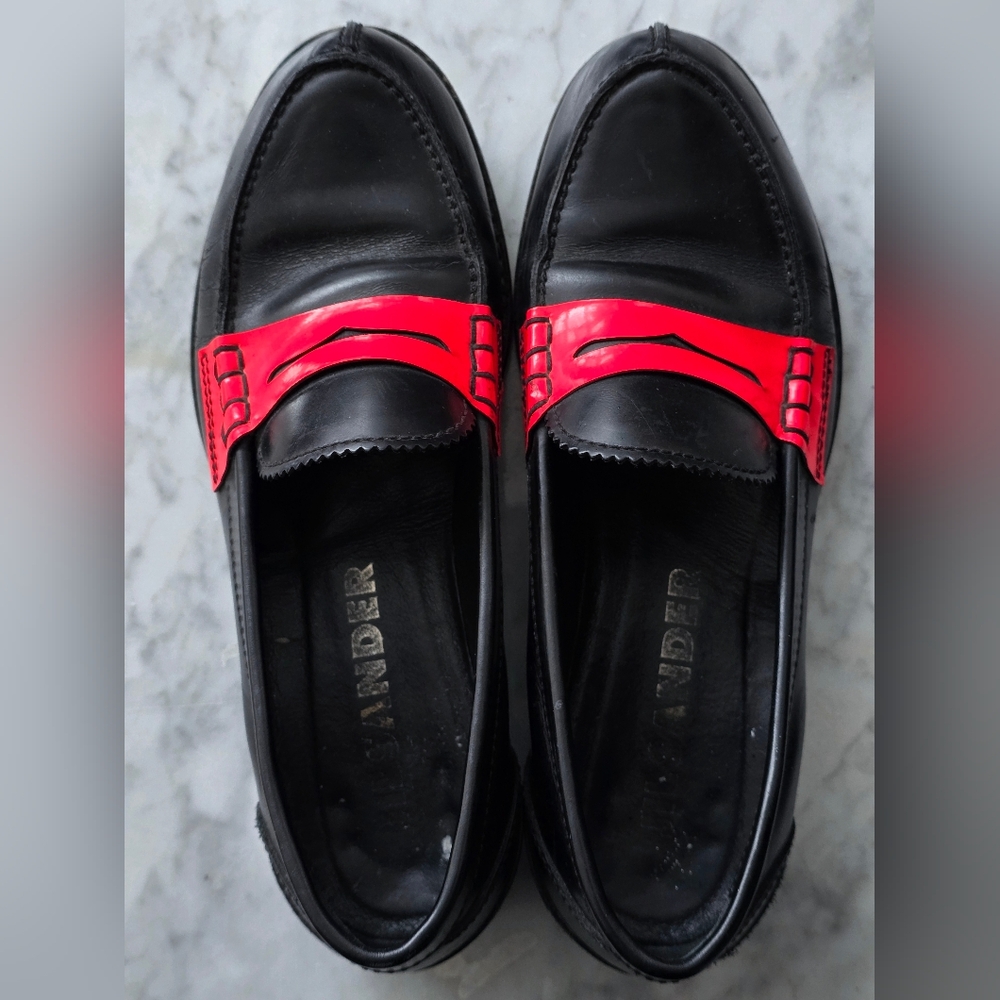 JIL SANDER Black Leather Loafers - Bright Red Accents Size EU 36